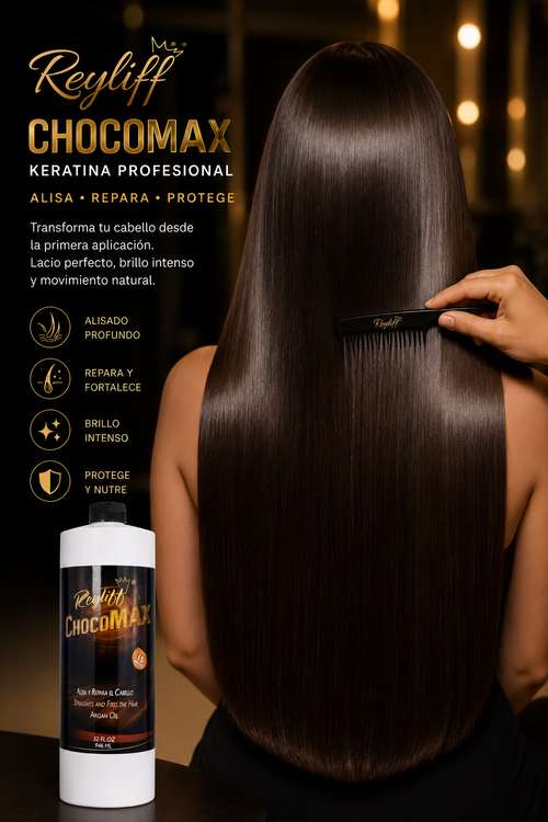 Reyliff ChocoMax Keratina Profesional — Transforma tu cabello desde la primera aplicación. Lacio perfecto, brillo intenso y movimiento natural.
